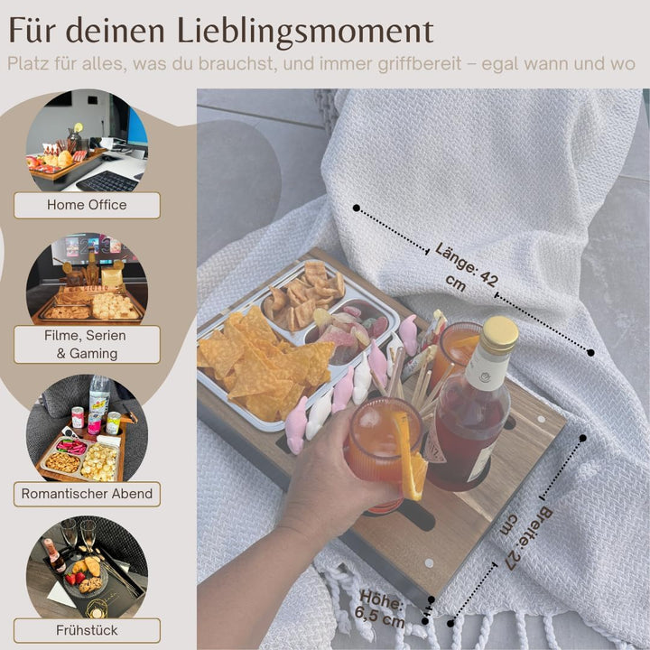 Lukada Premium Couchbar Snackbox | XXL Snackschale & 4 Getränkehalter | Akazien Holz & Bambus Sofata