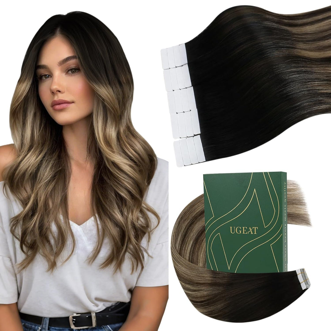 Ugeat 30cm Haarverlängerung Echthaar Tape Schwarz zu Dunkel Braun und Karamell Blond 1B/4/27 Haar Ex