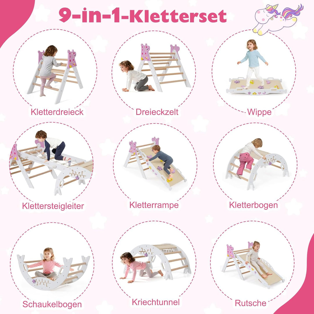 GOPLUS 9-in-1 Klettergerüst Indoor, Kletterdreieck Holz, 4er Set Kletterspielzeug mit Kletternetz, K