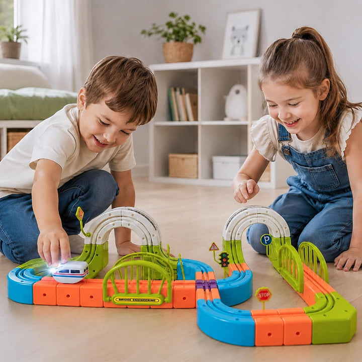 145 PCS Eisenbahn Elektrisch Cube Track, 3D Schwerkrafttrotzendes Zug Set, DIY Zugstrecken Spielzeug