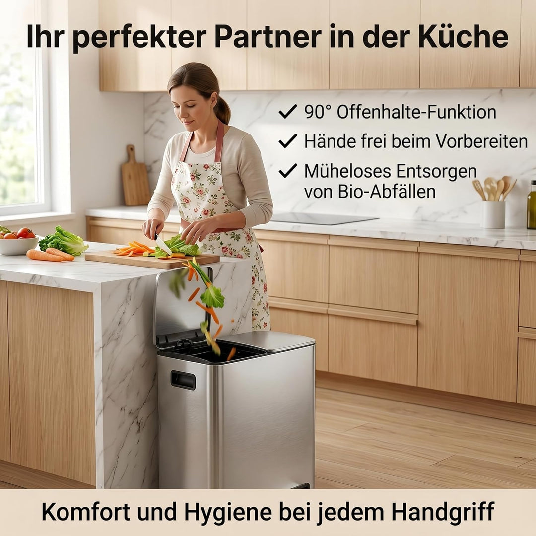Mülleimer Küche 2 x 19 L(38L), Edelstahl Treteimer mit Deckel, Mülltrennsystem 2 Fächer, Abfalleimer