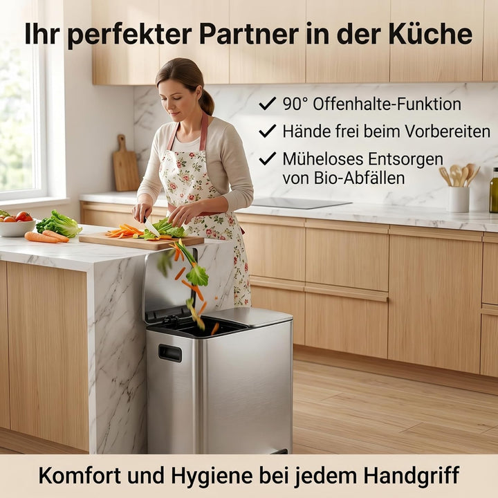 Mülleimer Küche 2 x 19 L(38L), Edelstahl Treteimer mit Deckel, Mülltrennsystem 2 Fächer, Abfalleimer