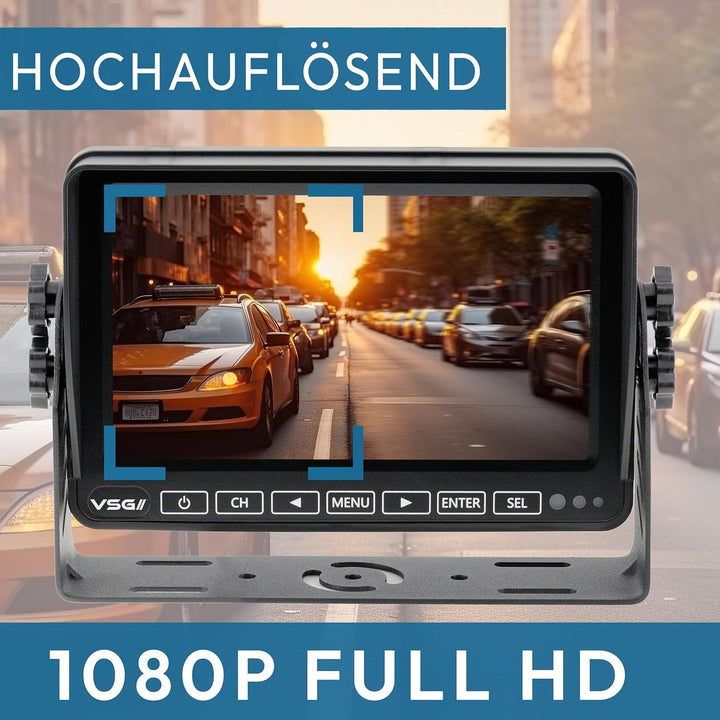 VSG24 – 7“ Quad Excellent HD Transporter Rückfahrmonitor, Heavy Duty, Monitor inkl. Zubehör, e-Zulas