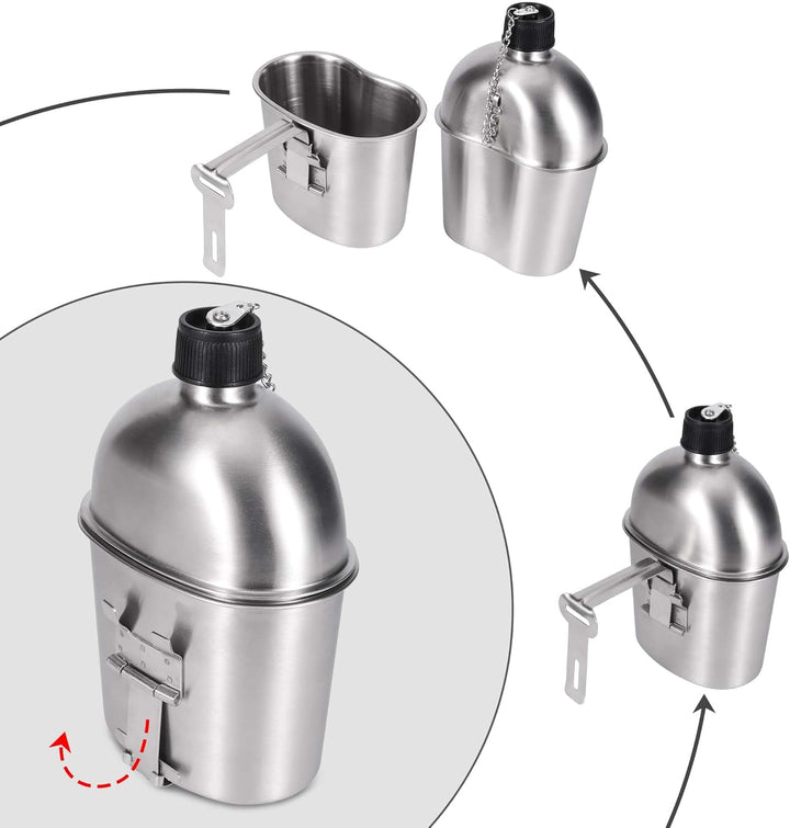 Goetland Edelstahl US Feldflasche Wasserflasche Trinkflasche 1L mit 0,5 L Becher Stofftasche für Cam