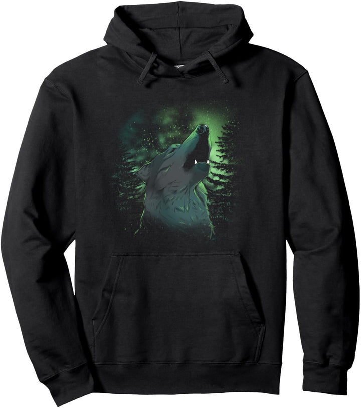 Heulender Wolf Night Forest Aurora Borealis Sky Stars Pullover Hoodie