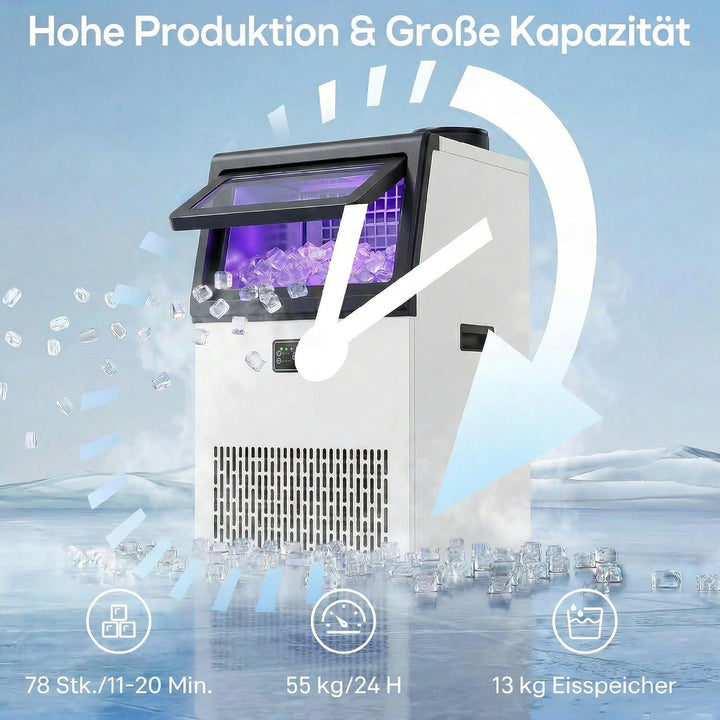 HOMCOM Kommerzielle Eiswürfelmaschine 55kg/24H Selbstreinigend Eismaschine aus Edelstahl mit 13kg Sp