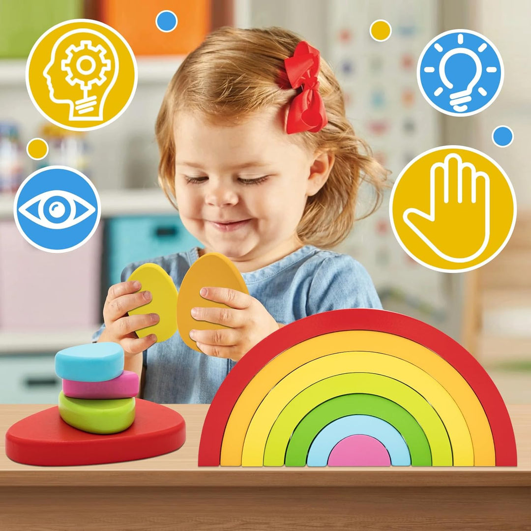 RunHero 3-in-1 Montessori Stapelspielzeug Holzbausteine Regenbogen Motorikspielzeug Grimms Bauklötze