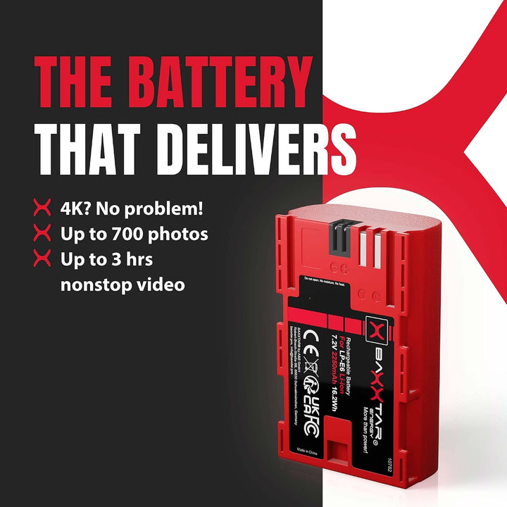 Baxxtar Pro LP-E6 Akku Pack / 2040mAh / mit 18602 LCD DUAL Ladegerät (Eingang USB-C und MicroUSB) 2x