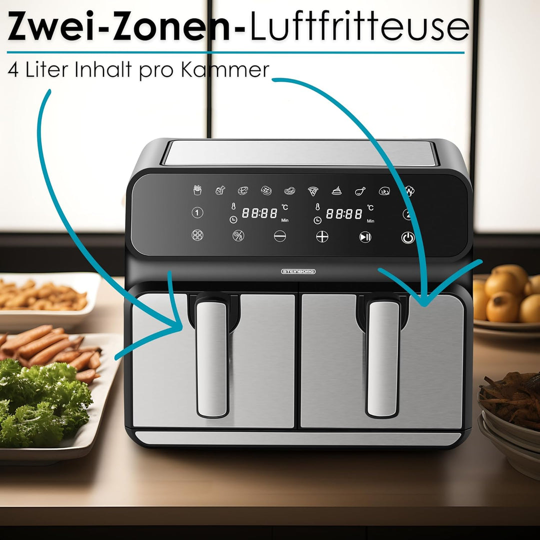 Heissluftfritteuse | 2 Kammern | Heissluftfritteuse | 4 in 1 Mini Backofen | Fritteuse | Dörrautomat