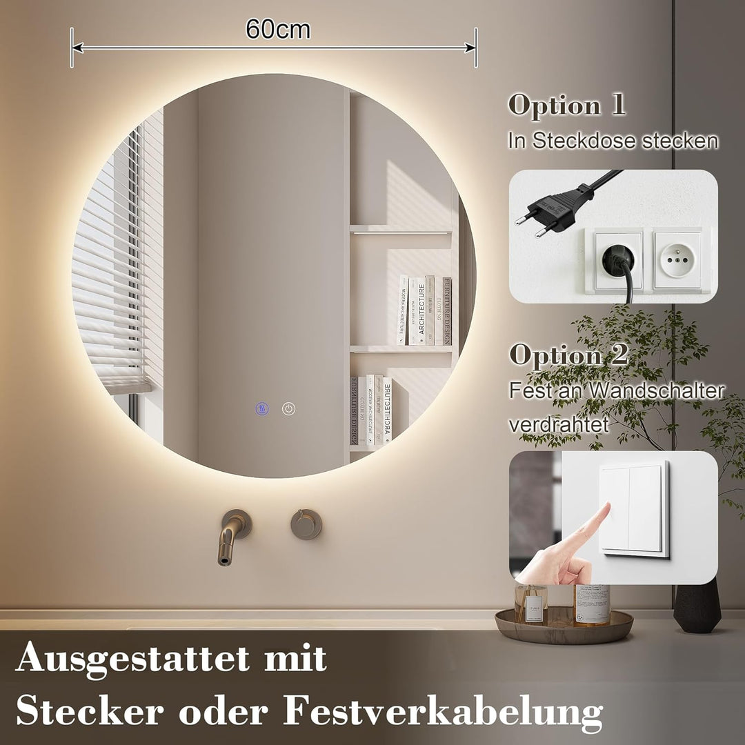 Runder Spiegel mit Beleuchtung, LED Spiegel Rund 60 cm, Badspiegel mit Beleuchtung Rund, mit 3 Licht