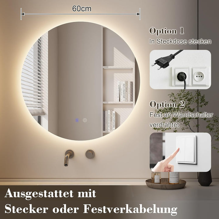 Runder Spiegel mit Beleuchtung, LED Spiegel Rund 60 cm, Badspiegel mit Beleuchtung Rund, mit 3 Licht