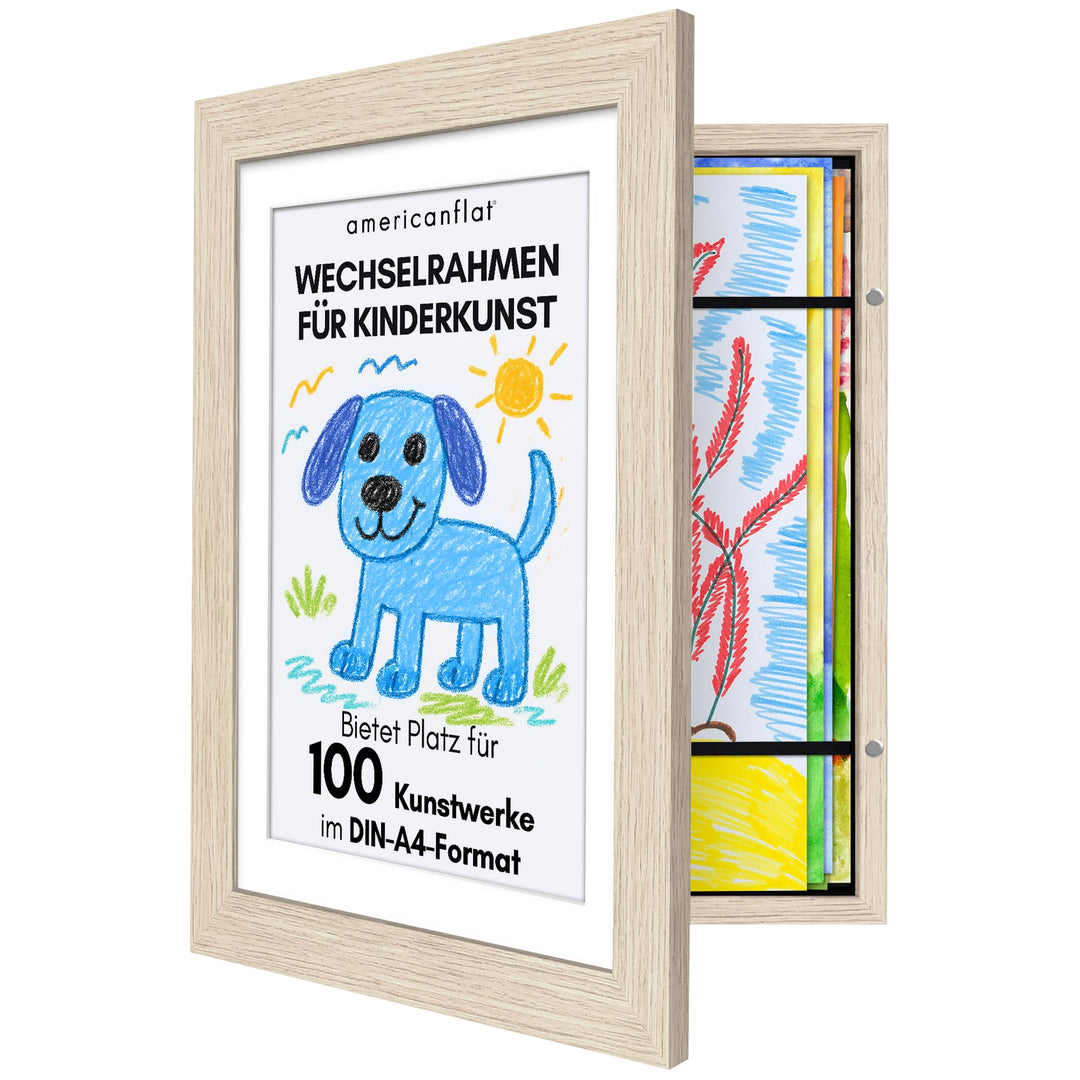 Americanflat A4 Bilderrahmen für Kinderzeichnungen - Light Wood - Zeigt 22x28 mit Passepartout &amp; 25x