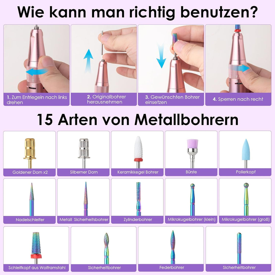 HOMEASY Nagelfräser Elektrisch Profi Maniküre Pediküre Set 16 IN 1 Nagelfeile 40000 U/Min Tragbar Fr