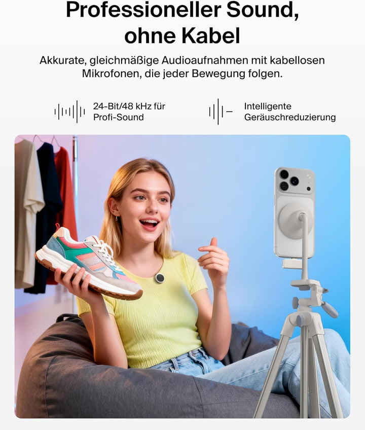Belkin Stage Mini Mikrofon kabellos, 2er Set mit Clip für iPhone, Android, 24-Bit/48 kHz, 36 Std. Ak