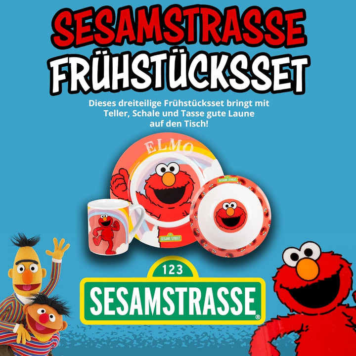 United Labels Elmo Frühstücksset Kinder, mit Elmo, Geschirr Set Porzellan, 3-teilig mit Teller, Scha