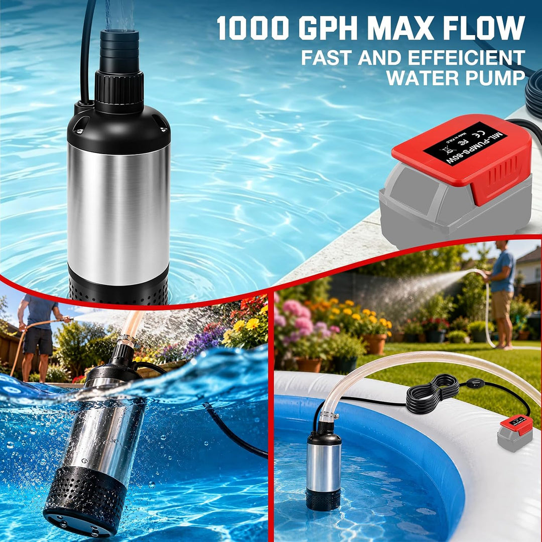 Wasserpumpe für Milwaukee 18V Akku, 3800L/H Bürstenlose Tauchpumpe Sumpfpumpe Schmutzwasserpumpe Abs