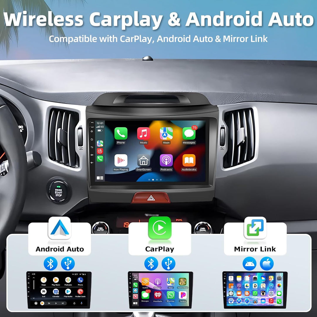 4GB+64GB Carplay Autoradio für Kia Sportage 2010-2016, 9 Zoll Android Radio mit Wireless Android Aut