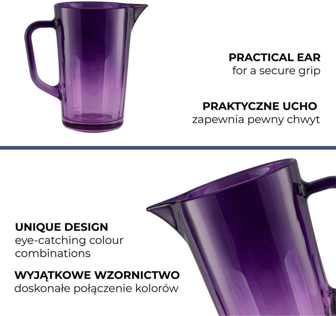 TREND FOR HOME Wasserkaraffe Glas 1 Liter mit Handlichem Griff Bunt Wasserkrug 19 cm Glaskanne Lila