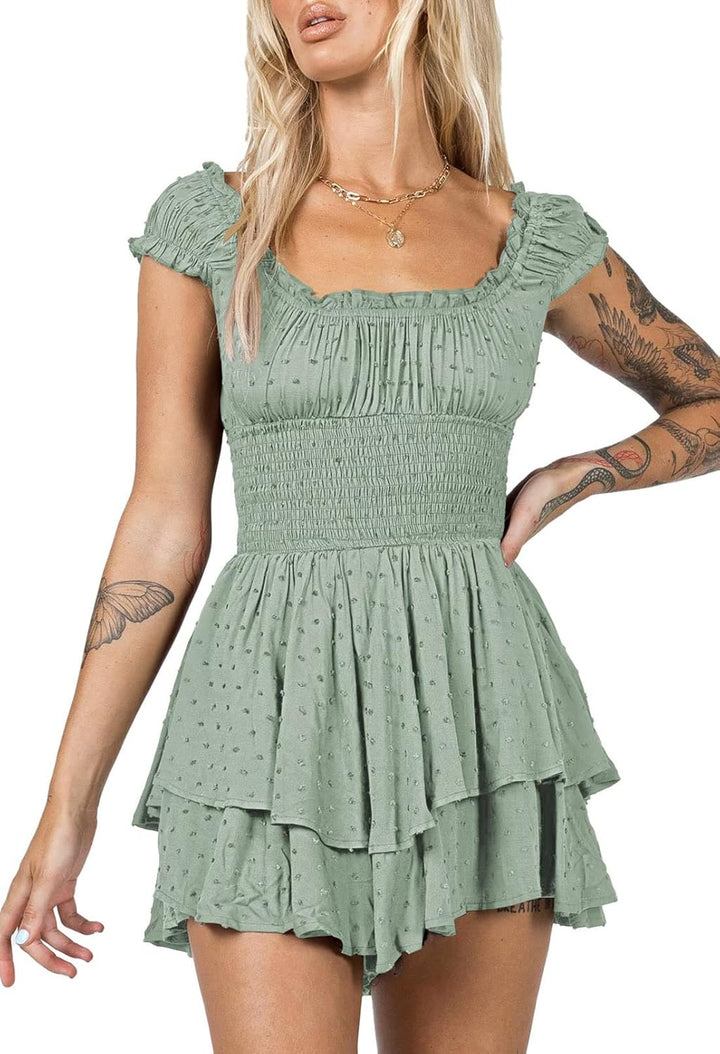 Viottiset Damen Rüschen Shorts Strampler Schulterfrei Swiss Dot Sommer Overalls S Grün, S Grün