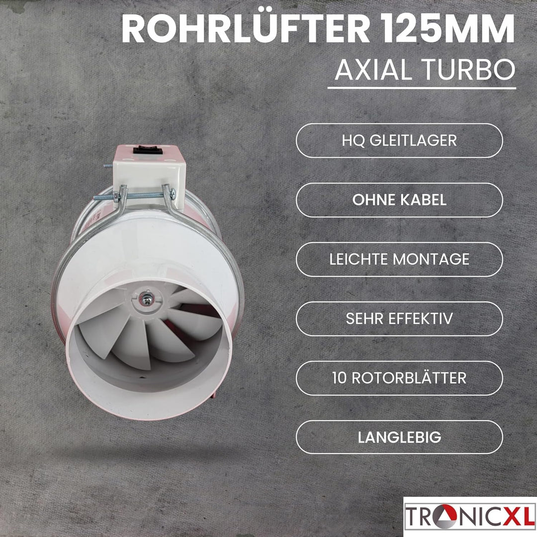 125mm Turboventilator 240m³/h Rohrventilator regelbar mit Ein Ausschalter und Kabel leise Rohrlüfter