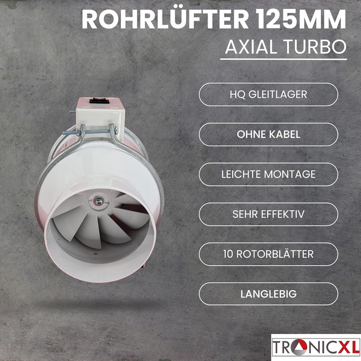 125mm Turboventilator 240m³/h Rohrventilator regelbar mit Ein Ausschalter und Kabel leise Rohrlüfter
