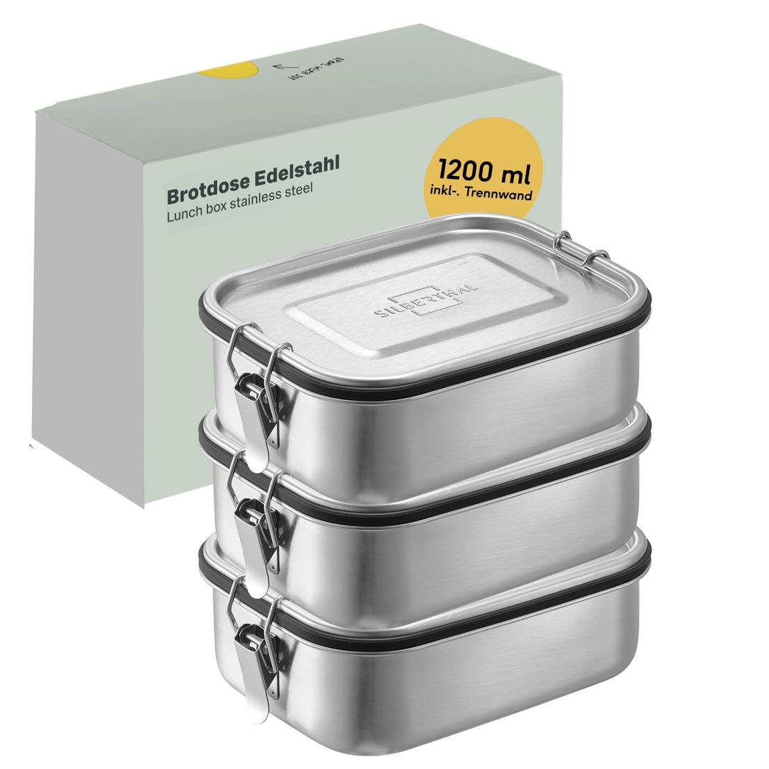 SILBERTHAL Brotdosen Set Edelstahl 1200ml x 3 für Kinder mit Fächern & Dichtung – Lunchbox Kinder &