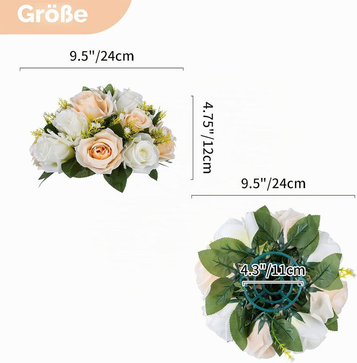 NUPTIO 2 Stück Künstliche Blumenstrauss, 15 Köpfe Kunststoff Rosen mit Sockel, Geeignet für Unser Ge