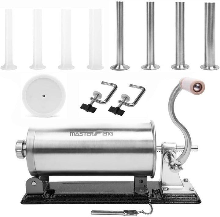 MASTER FENG 6 LBS Wurstfüllmaschine Horizontale Füllmaschine aus Edelstahl mit 8 Fülltrichtern und 1