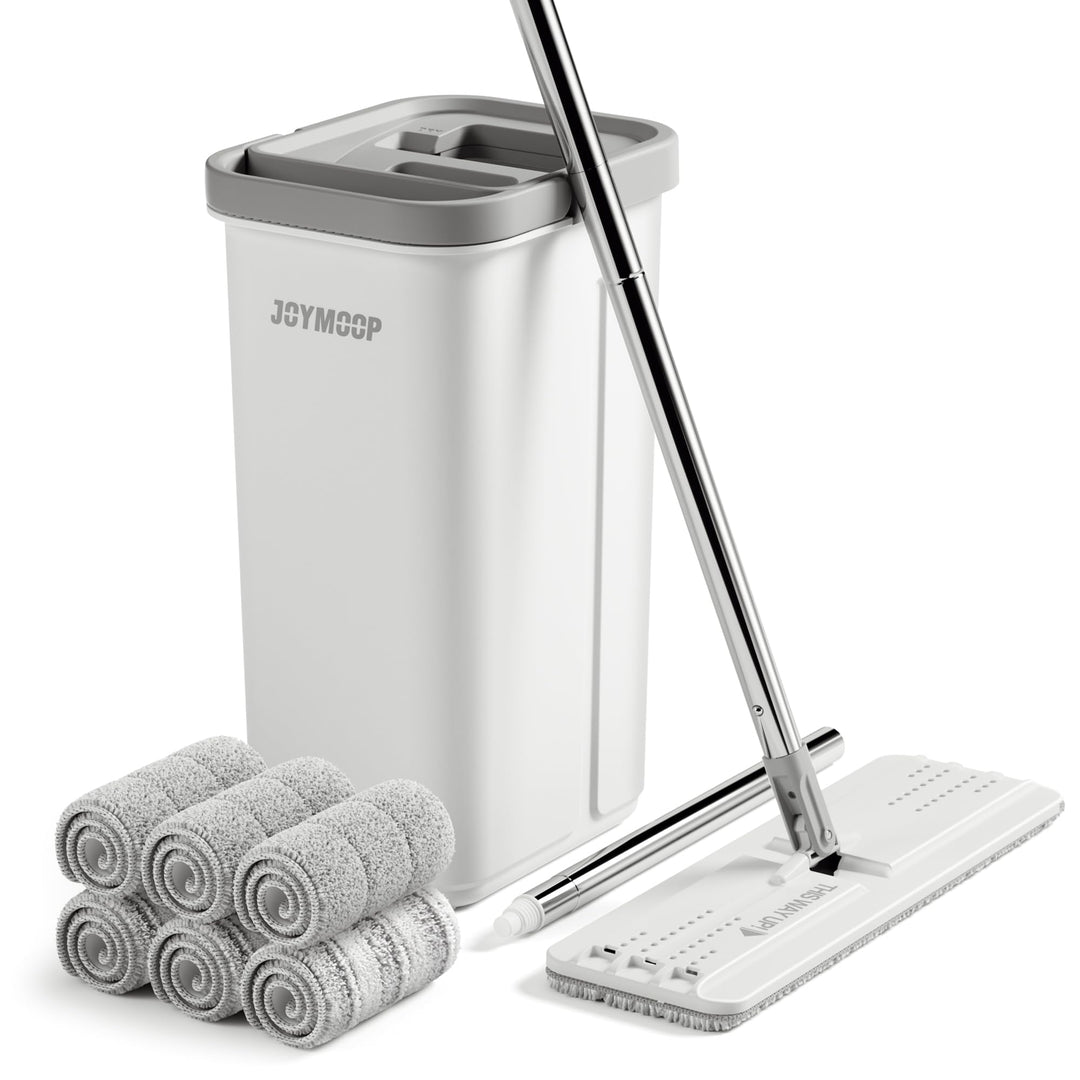 JOYMOOP Wischmopp und Eimer mit Auswringer-Set, weisses flaches Squeeze-Mopp-Eimer-Set für Bodenrein
