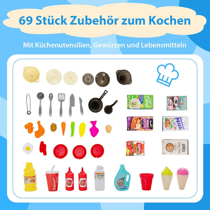 COSTWAY 69 TLG. Kinderküche mit Lichter & Dampf & Musik & Sound, Spielküche inkl. Zubehör, Kinderspi