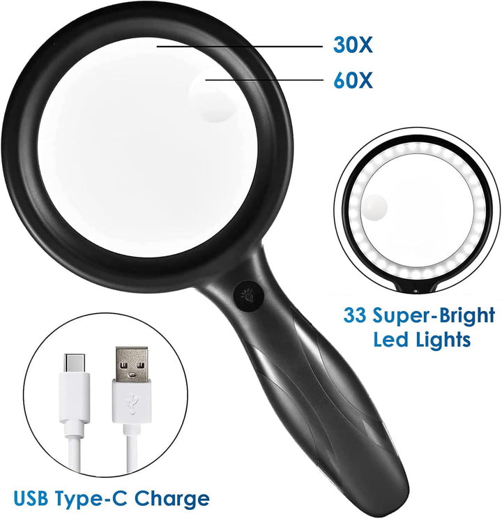 Lupe mit Licht, 60 Fach 30 Fach 33 LED Handlupe 30X Leselupe mit Licht, USB-Aufladung Lupe 3 Modi Le