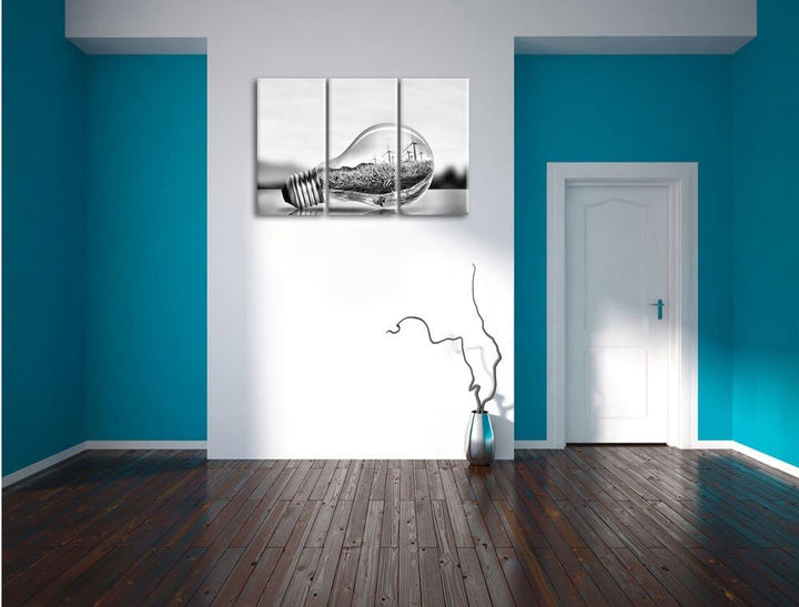 Pixxprint Glühbirne mit Ozean und Leuchtturm als Leinwandbild/Grösse: 3 Teilig (120x80) cm/Wandbild/