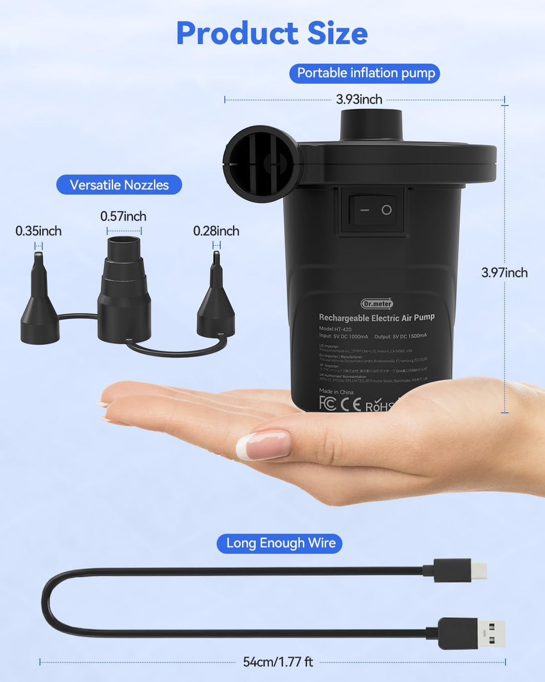Elektrische Luftpumpe, Dr.meter 4000mAh Wiederaufladbare Akku Luftpumpe 2 in 1 Tragbarkeit Luftpumpe