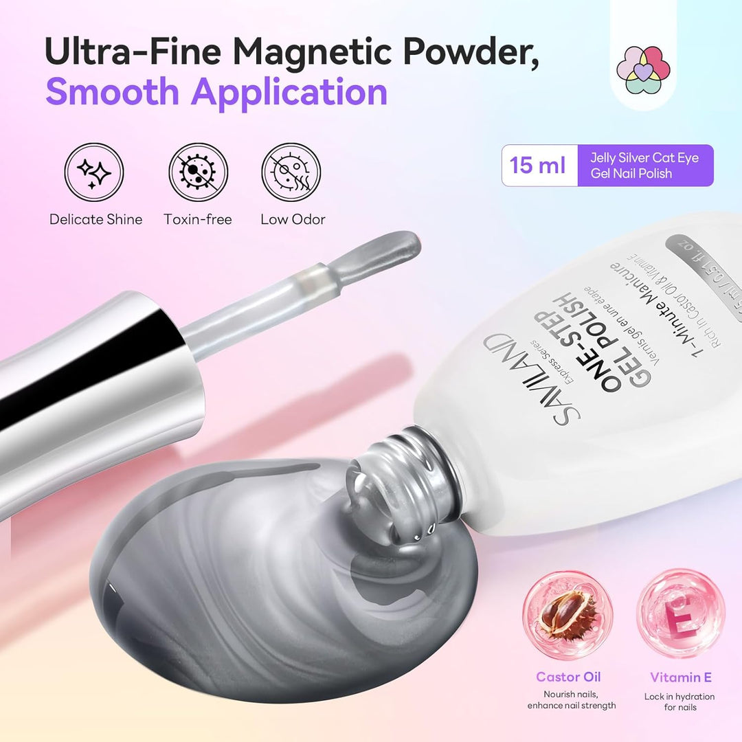 SAVILAND Cat Eye Gel Nagellack Set: 5-in-1 Gel Nagellack in Einem Schritt Jelly Silver Magnetischer