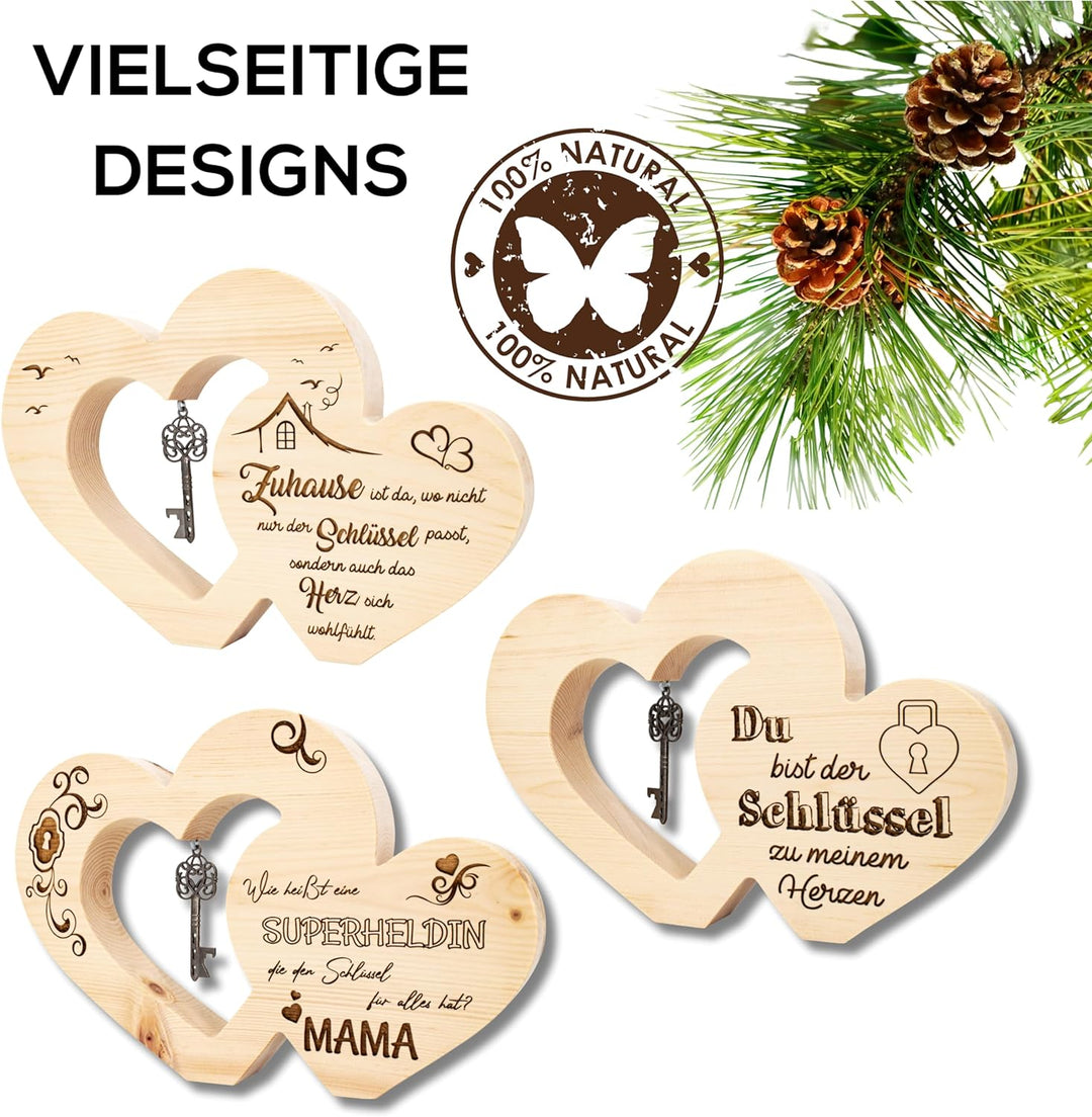 sagl.tirol Geschenkidee zum Einzug I Doppelherz aus Zirbenholz mit Schlüssel I 100% Naturprodukt I E
