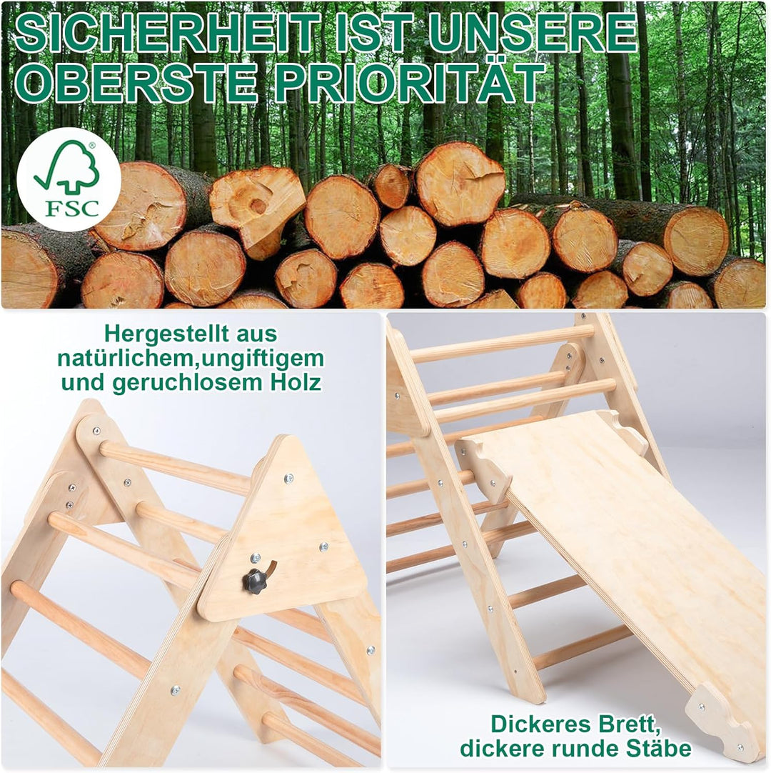 RUIE Klettergerüst Indoor 7-in-1 Kletterdreieck mit Rutsche, Hölzernes Kletterdreieck Set für klette