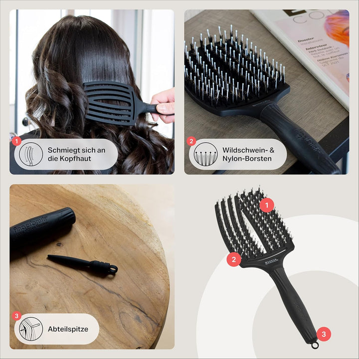 Olivia Garden Fingerbrush Care Iconic - Large - Schwarz - Detangler Bürste mit Wildschweinborsten &