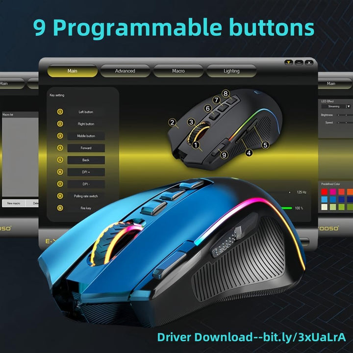 Niceon Gaming Maus kabellos RGB Wiederaufladbare, 9 Programmierbare Tasten, Langer Stunden Akkulaufz