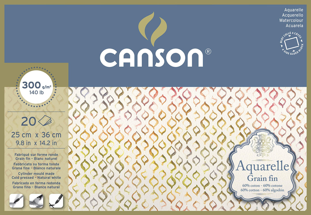 Canson Aquarelle Canson Block rundumgeleimt, 25 x 36 cm, 20 Blatt, 300 g/m², Feinkorn