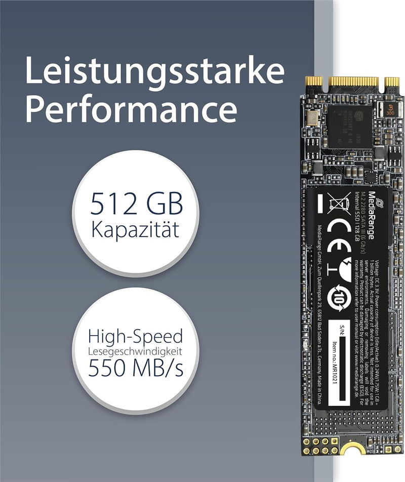 MediaRange Interne SSD Festplatte 512GB - Solid State mit M.2 Schnittstelle SATA Rev. 3.1 und 3D-NAN