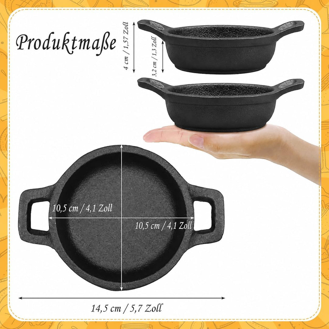 4er Set Mini Gusseisen Grillpfännchen, 11 cm Kleine Servierpfanne mit Griff, Rund Preseasoned Gussei