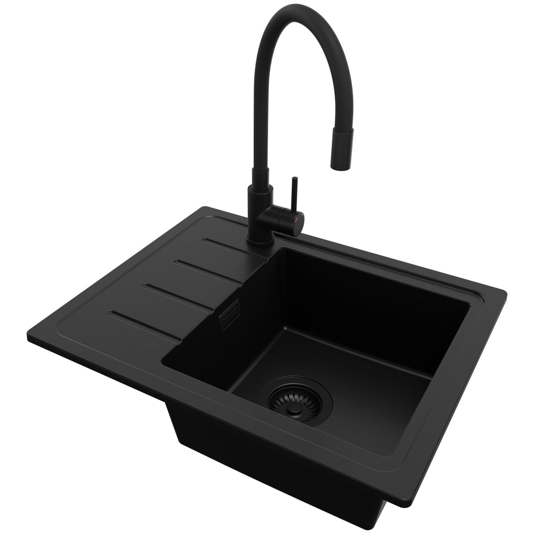 PRIMAGRAN Granitspüle Alles Schwarz 55x44cm, Spülbecken 1 Becken + Küchenarmatur 40x38cm + Ablauf-Se