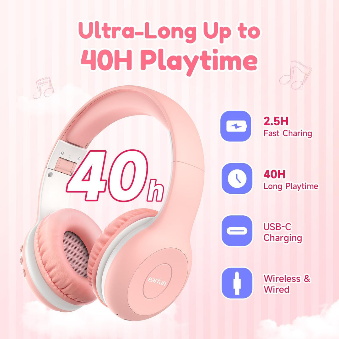 EarFun Bluetooth Kopfhörer Kinder, 85/94dB Lautstärkeregelung, HiFi Sound, HD-Mikrofon, 40 Std Akku,