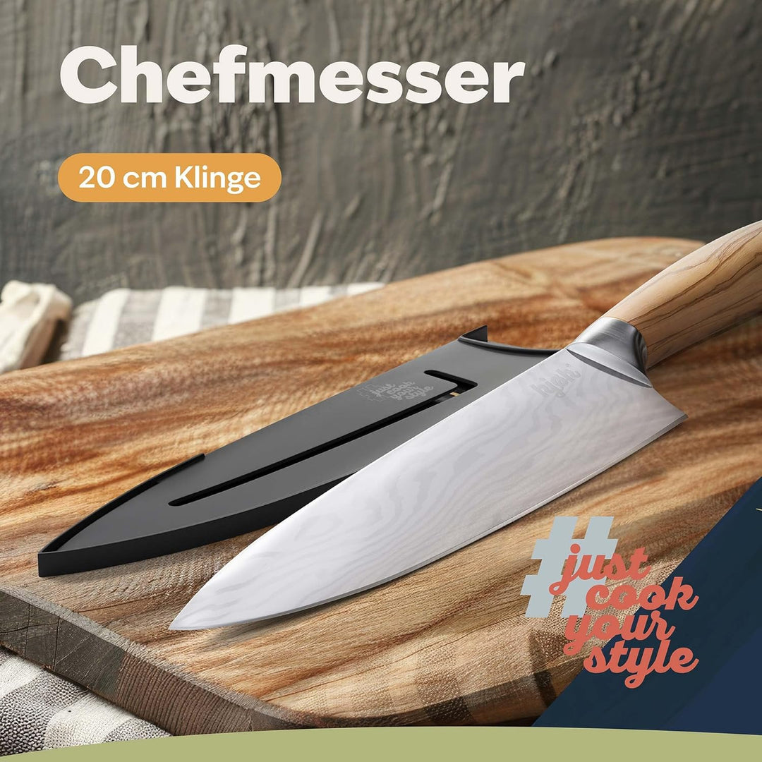 kjøk Premium Kochmesser Härte 58±2 HRC Chefmesser Klingenlänge 20 cm ergonomischer Olivenholz Griff