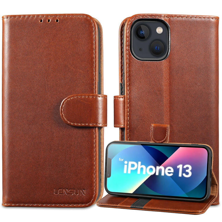 LENSUN Echtleder Hülle für iPhone 13 5G, Handyhülle [Echtes Leder][Magnetverschluss][RFID Schutz] Ha