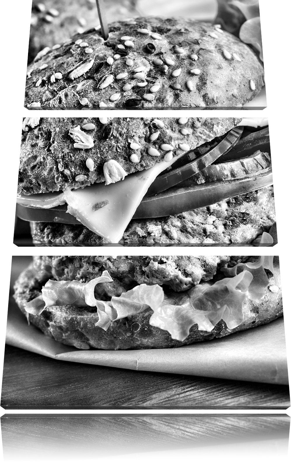 Pixxprint Monocrome, Köstlicher Hamburger 3-Teiler Leinwandbild 120x80 Bild auf Leinwand