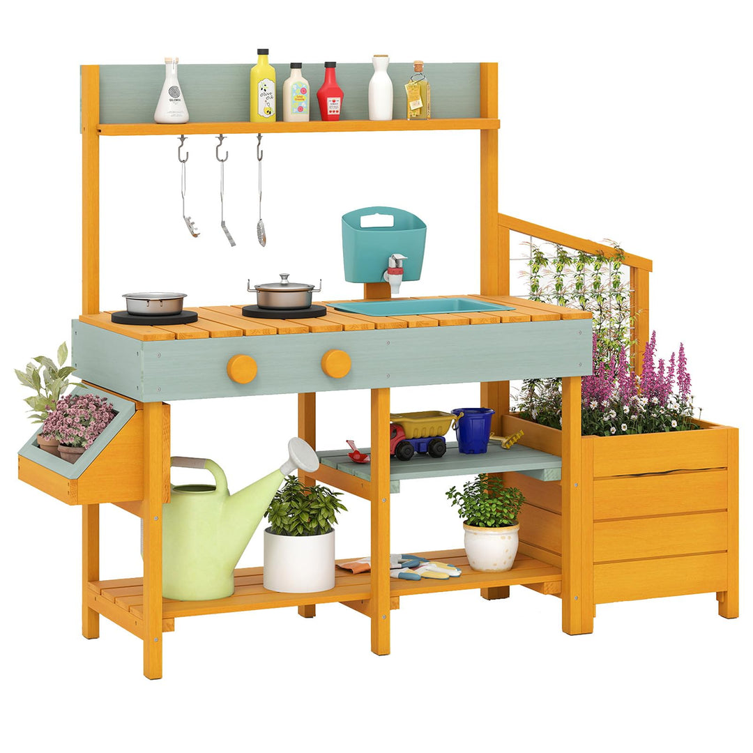 DREAMADE Matschküche Kinder Outdoor, Kinderküche Tannenholz mit Pflanzkasten & Rankgitter, Spielküch