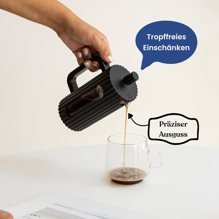 French Press aus Glas – Edelstahlfilter & hitzebeständiges Borosilikatglas – 350 ml – Schwarz Schwar