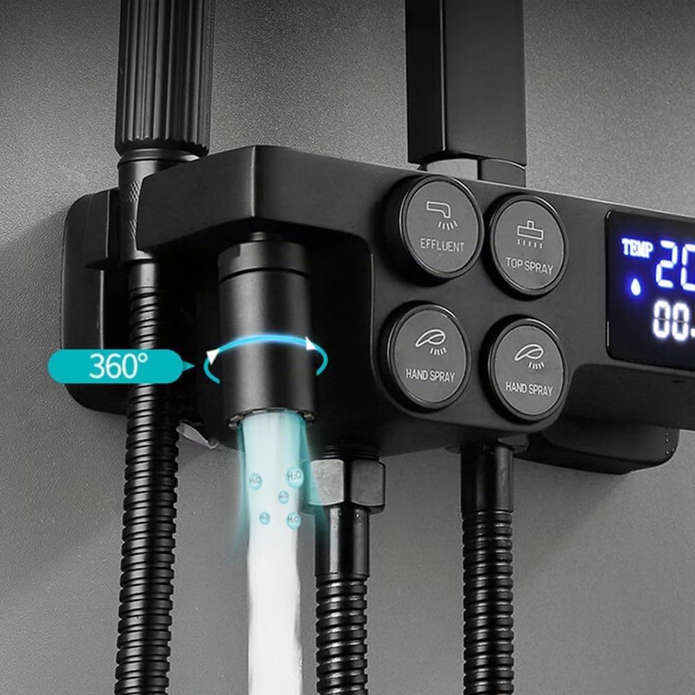 Duschsystem Schwarz mit Thermostat, 30 X 19 CM Kopfbrause, Vielseitig Duschset 86-120 cm verstellbar