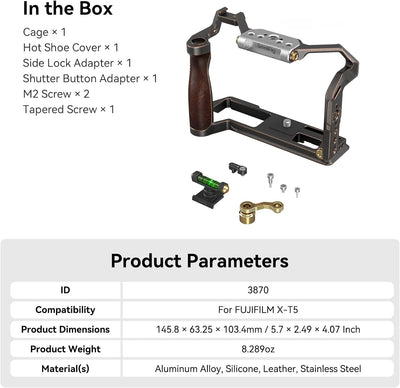 SMALLRIG X-T5 Cage Retro-Käfig für FUJIFILM X-T5, mit Blitzschuhabdeckung mit Wasserwaage, 3/8"-16 A